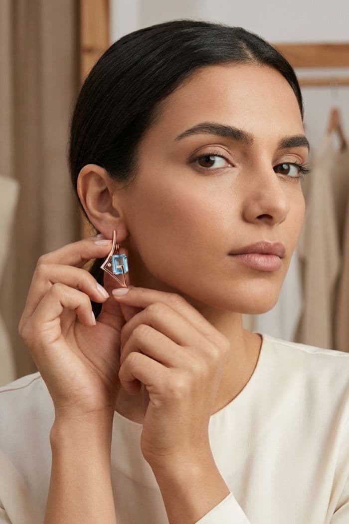 Mavi Topaz Roz Pırlanta Küpe (GPE0054)